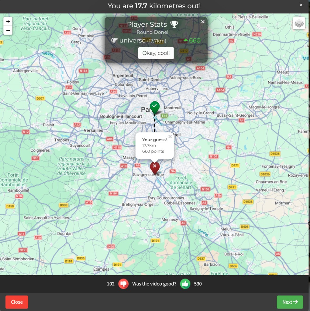 City Guesser result map showing distance from the true location