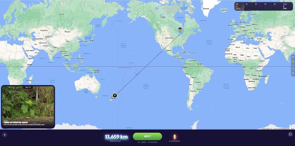 GeoGuessr result: guessed North America, actual location New Zealand