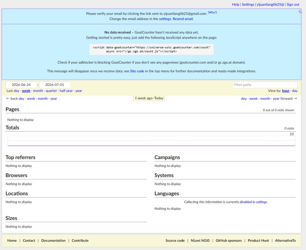 GoatCounter dashboard after registration