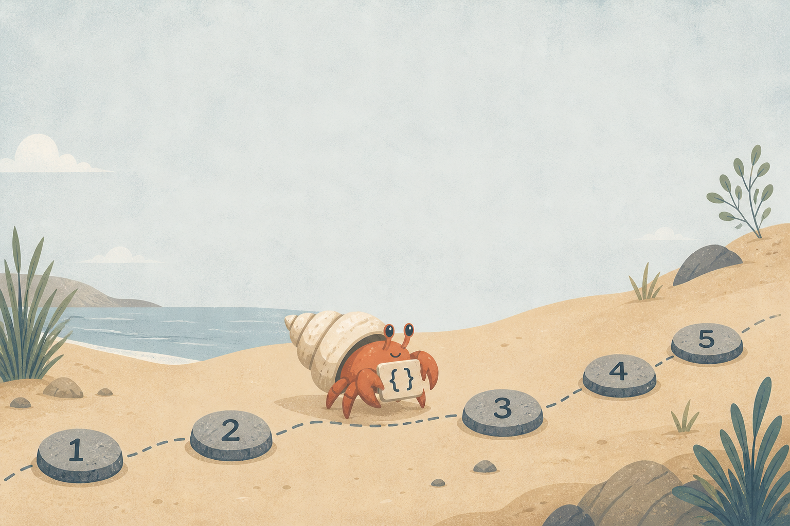 Cover: a small hermit crab walking five stepping stones